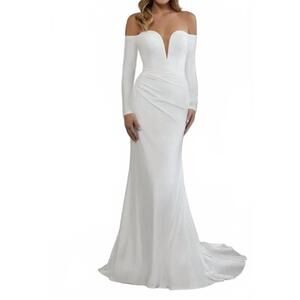 NEW CHRISTINA WU plunging v-neck off shoulder long sleeve gown in ivory